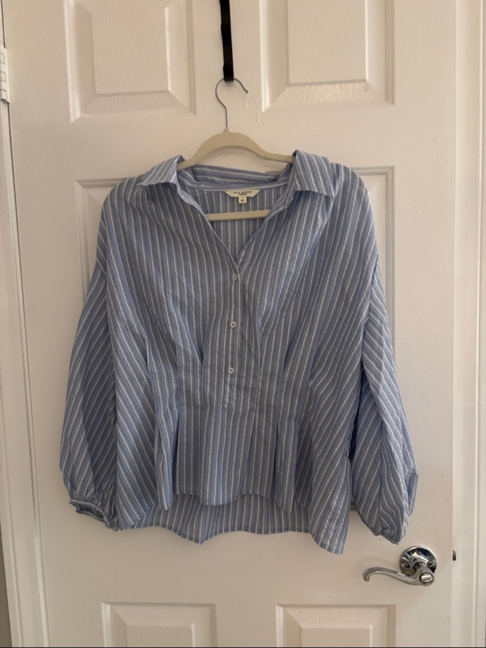 Max Studio Light Blue and White Striped Collared Shirt